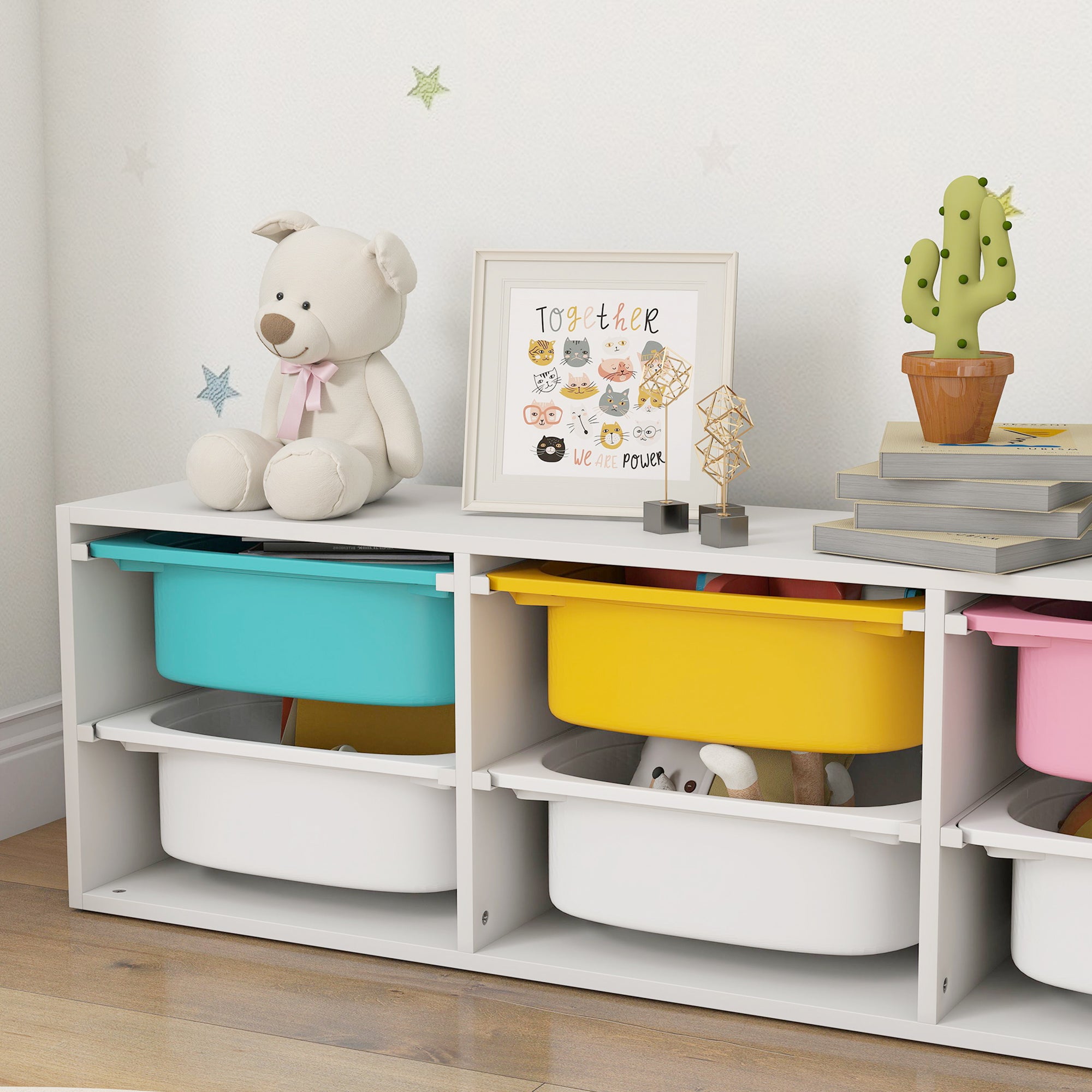 AIYAPLAY Children's Wooden Toy Storage Shelf with 6 Removable Plastic Bins, Multicolor