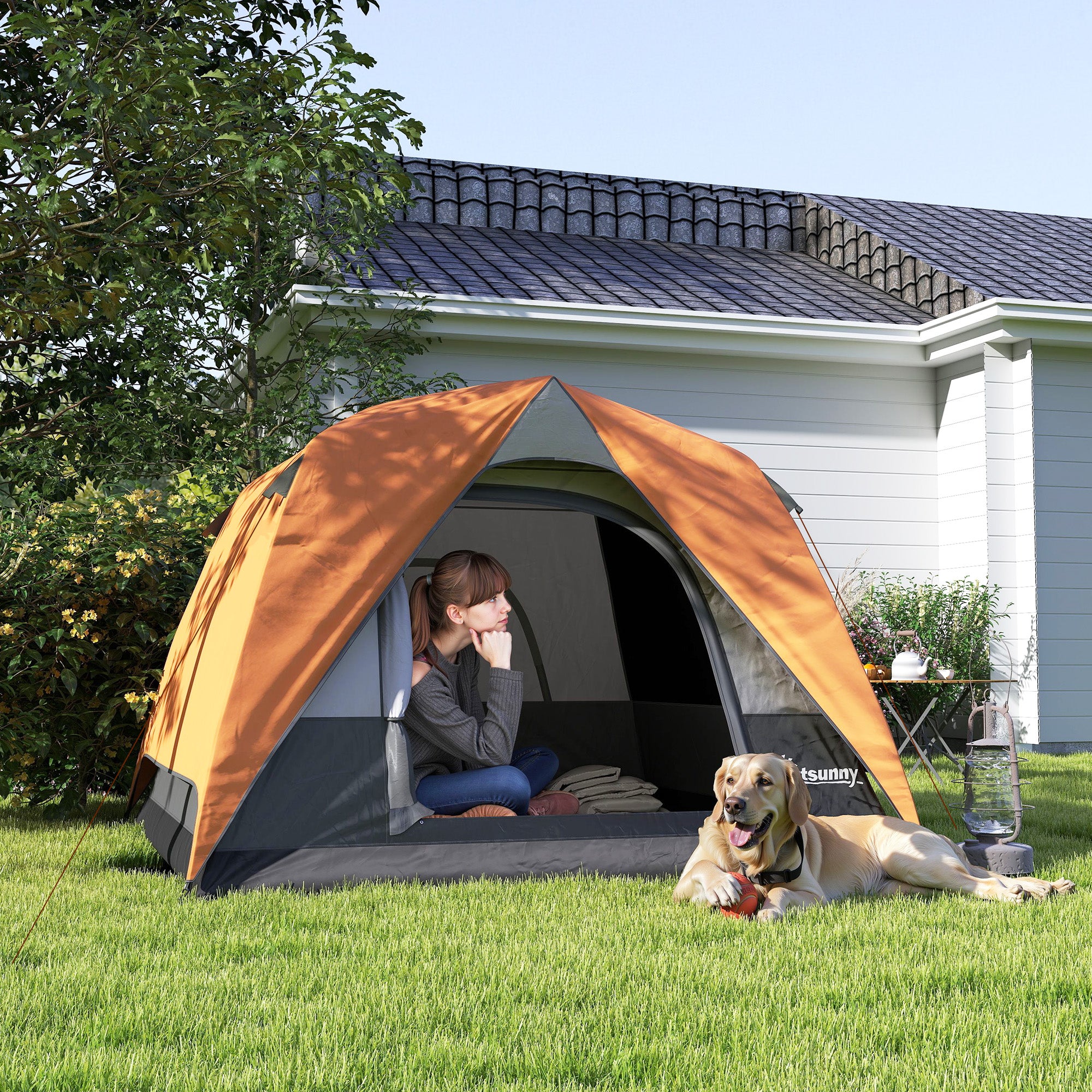 Waterproof 3-Person Camping Tent with Pocket, Lantern Hook and Bag, 2x2x1.35m, Orange