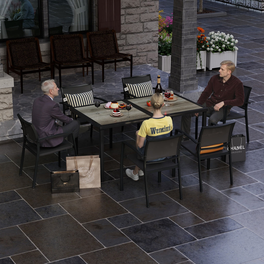 Garden Set with 6 Stackable Mesh Fabric Chairs and Wood Effect Table, Grey