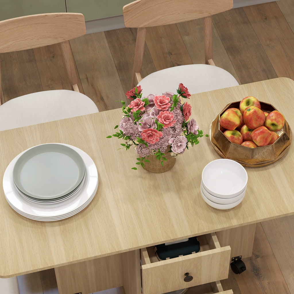 Folding Table with 2 Drawers and Cabinet, 6 Wheels and Brakes, 120x60x76.5 cm, Wood Color