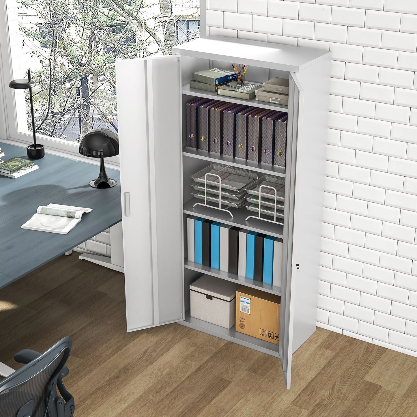 Office Cabinet with 4 Adjustable Shelves, Steel, 80x40x180 cm, White