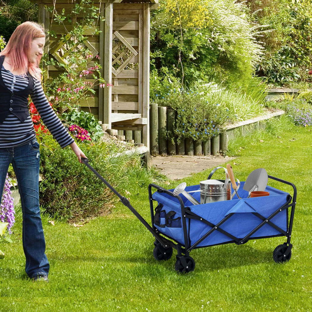 Outsunny 62L Folding Garden Cart with Adjustable Handle, Metal and Oxford Fabric, 76x48x86 cm, Blue