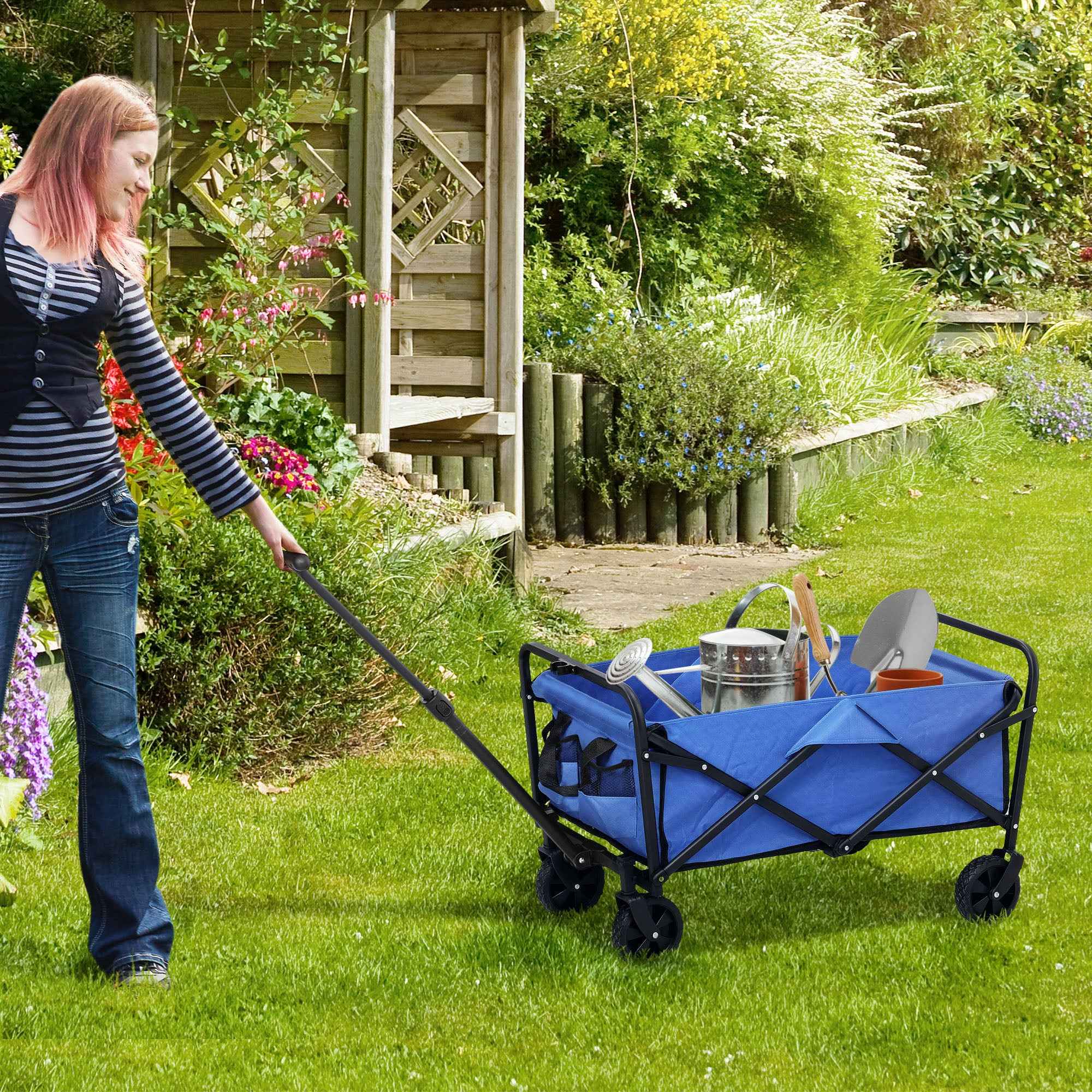 Outsunny 62L Folding Garden Cart with Adjustable Handle, Metal and Oxford Fabric, 76x48x86 cm, Blue