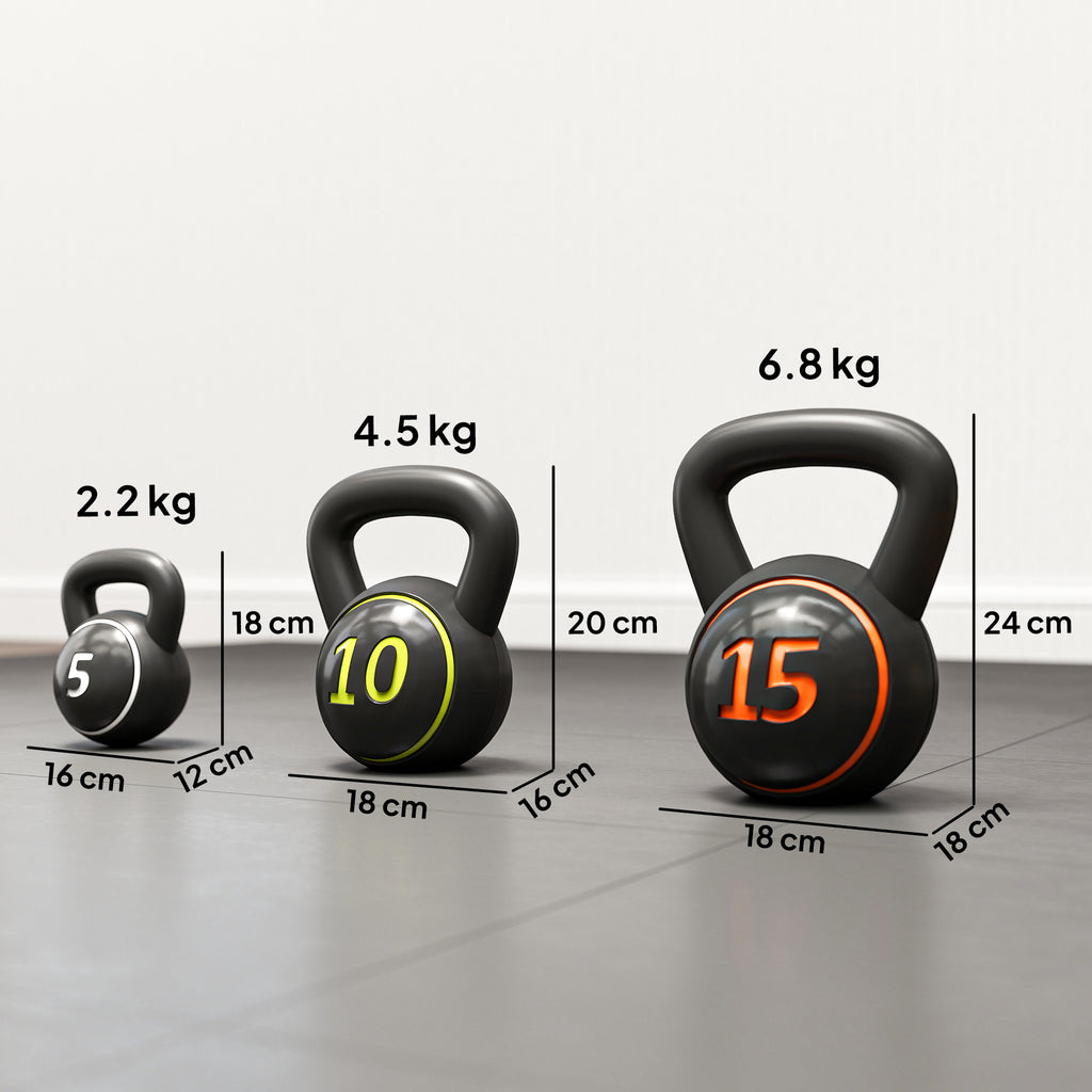 SPORTNOW Set of 3 Kettlebells of 2.2 kg, 4.5 kg and 6.8 kg with Flat Base and Weight Holder, in Plastic and Sand, Black