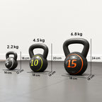 SPORTNOW Set of 3 Kettlebells of 2.2 kg, 4.5 kg and 6.8 kg with Flat Base and Weight Holder, in Plastic and Sand, Black