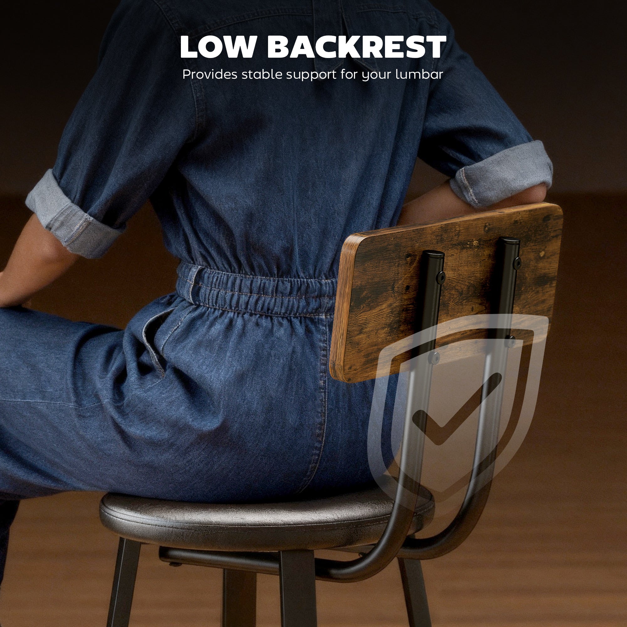 Set of 2 Industrial Style Bar Stools with Backrest, Faux Leather Seat and Footrest, Rustic Brown