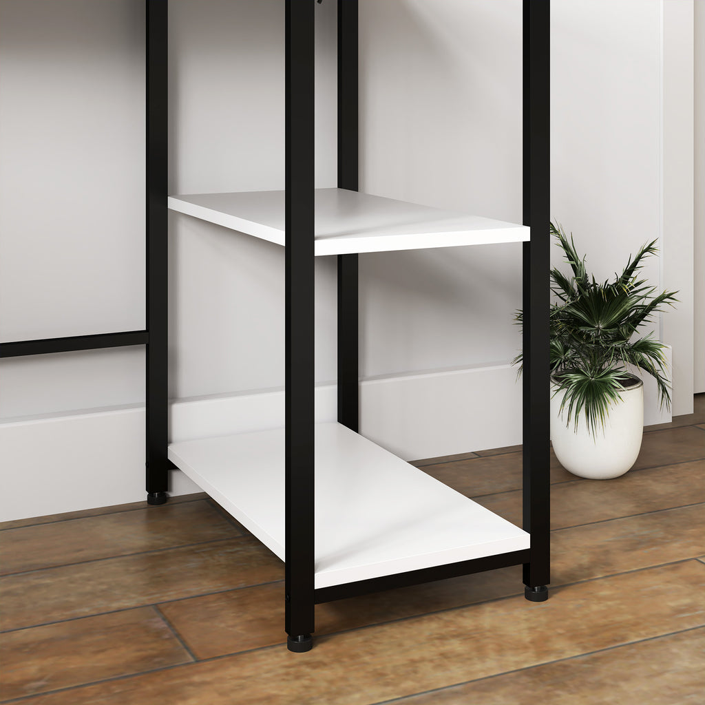 Desk with 2-Tier Bookshelf and Charging Sockets, in Wood and Metal, 100x50x75 cm, White and Black
