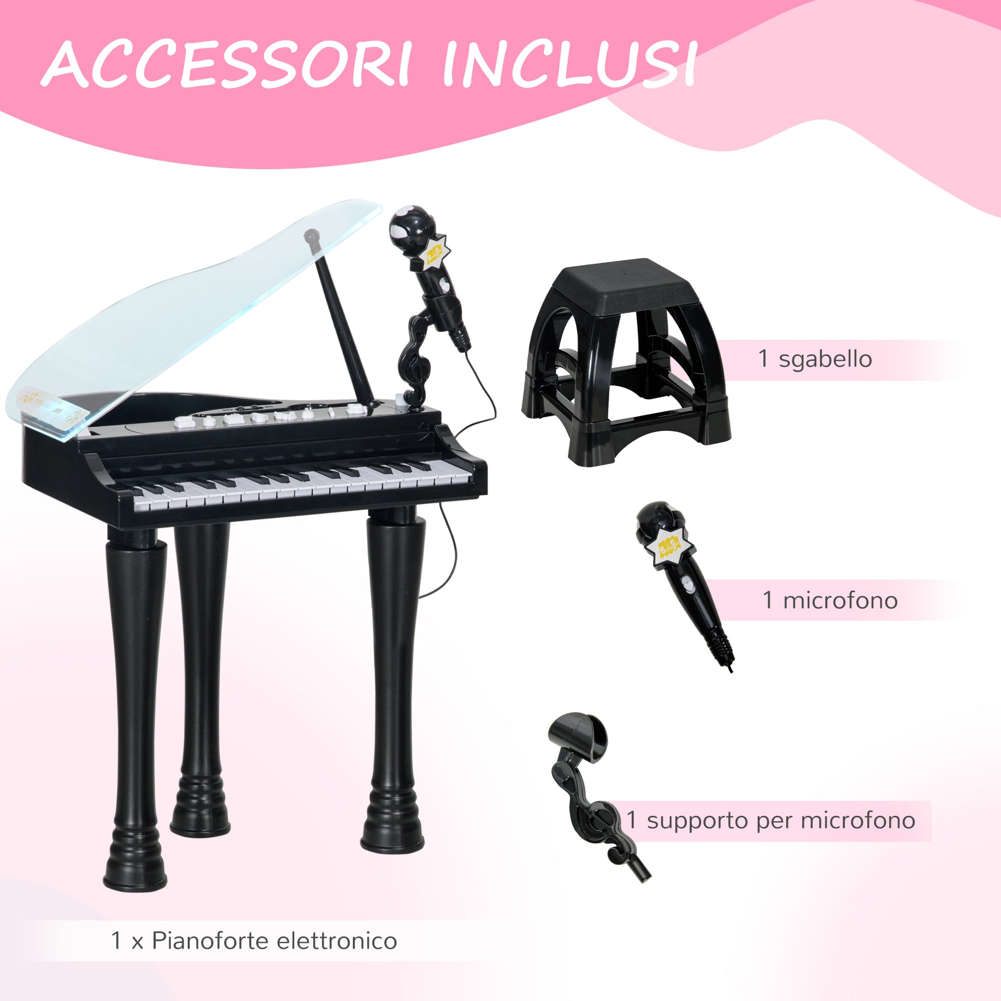 AIYAPLAY 32-Key Children's Piano with Stool, Microphone, Music, Lights and Removable Legs, Black - Borgè