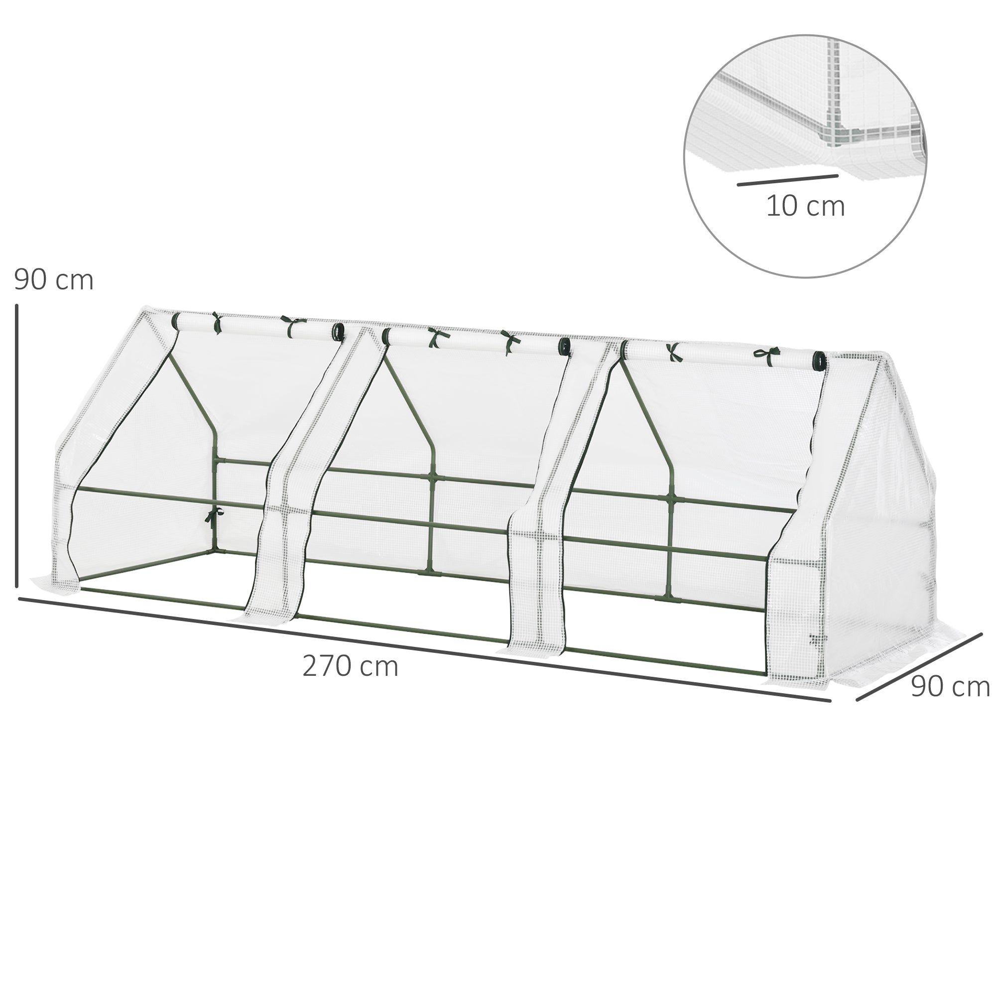 PE Tunnel Garden Greenhouse with Extended Edges and Hinged Doors, 270x90x90 cm, White - Borgè