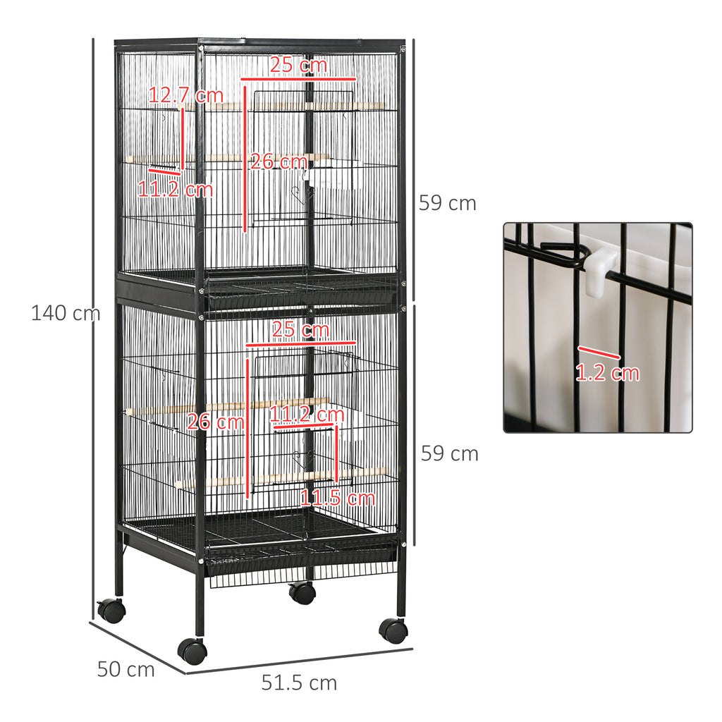 Indoor Bird Aviary Cage with Wheels and Removable Trays, 51.5x50x140 cm, Black