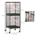 Indoor Bird Aviary Cage with Wheels and Removable Trays, 51.5x50x140 cm, Black
