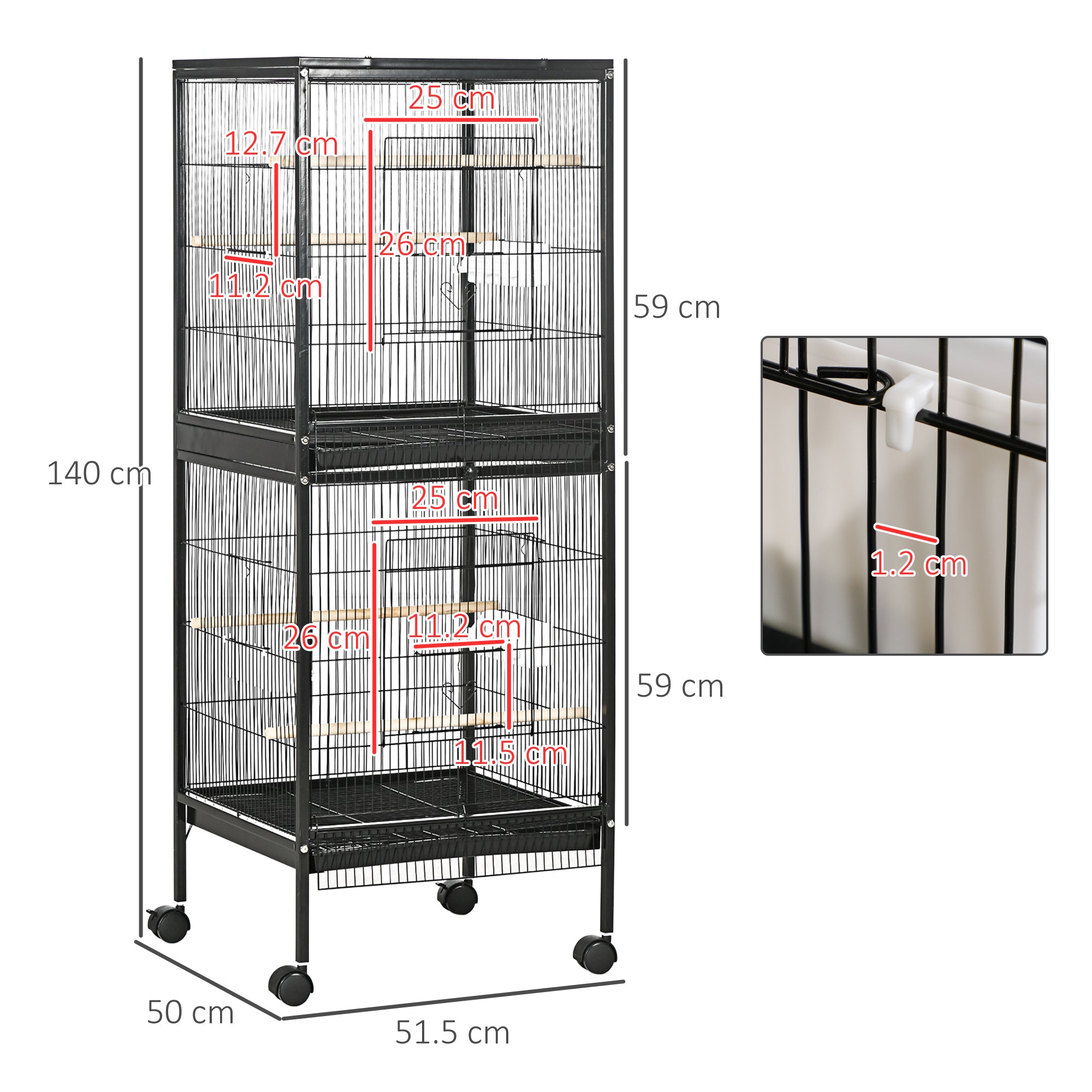 Indoor Bird Aviary Cage with Wheels and Removable Trays, 51.5x50x140 cm, Black