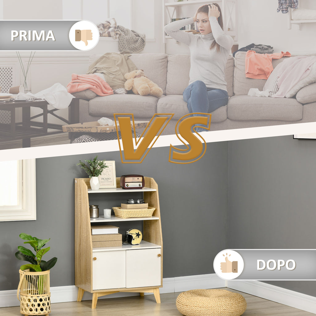 HOMCOM Living Room Cabinet with 2-Tier Open Shelf and 2-Door Cabinet, Chipboard and Pine Wood, 58x30x93 cm