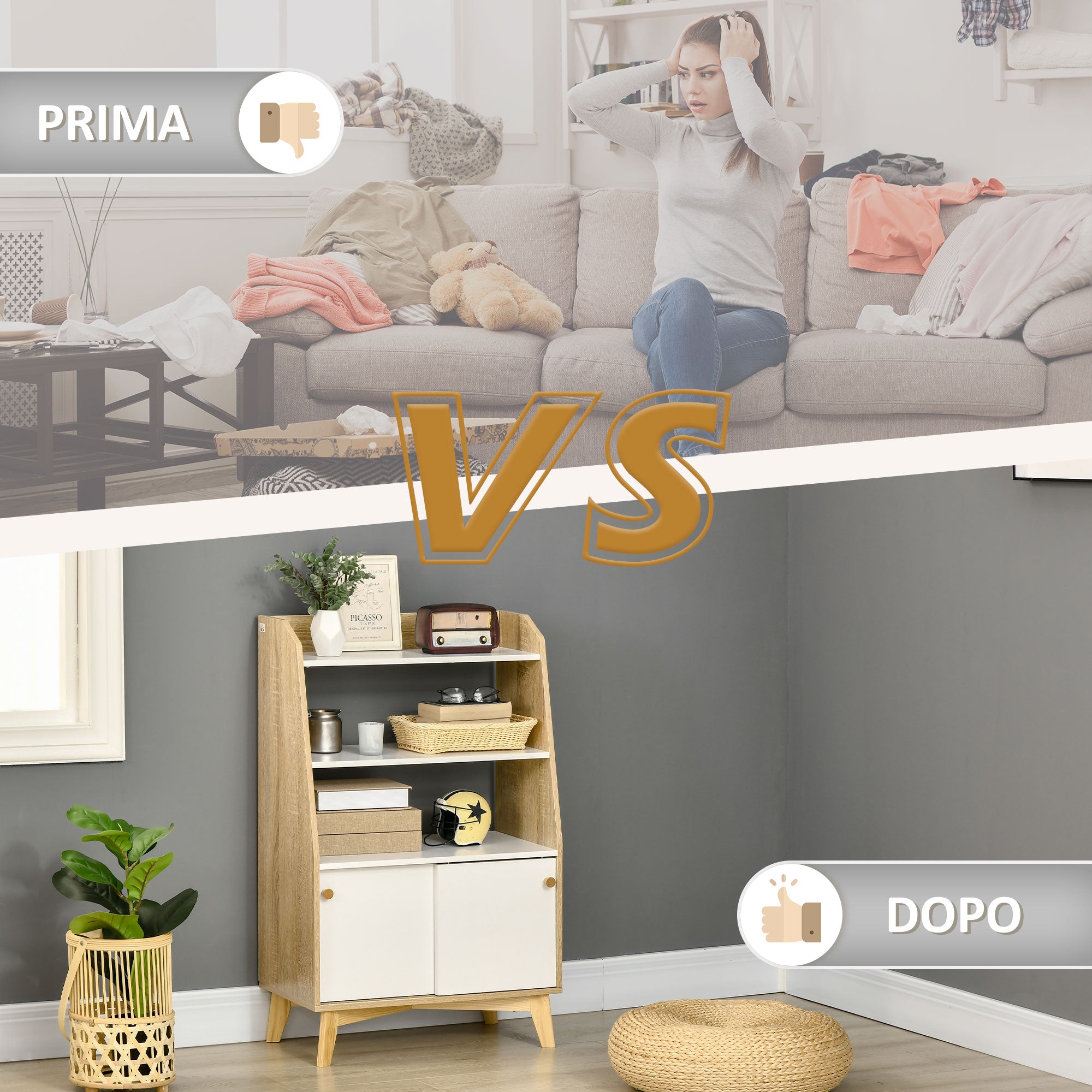 HOMCOM Living Room Cabinet with 2-Tier Open Shelf and 2-Door Cabinet, Chipboard and Pine Wood, 58x30x93 cm