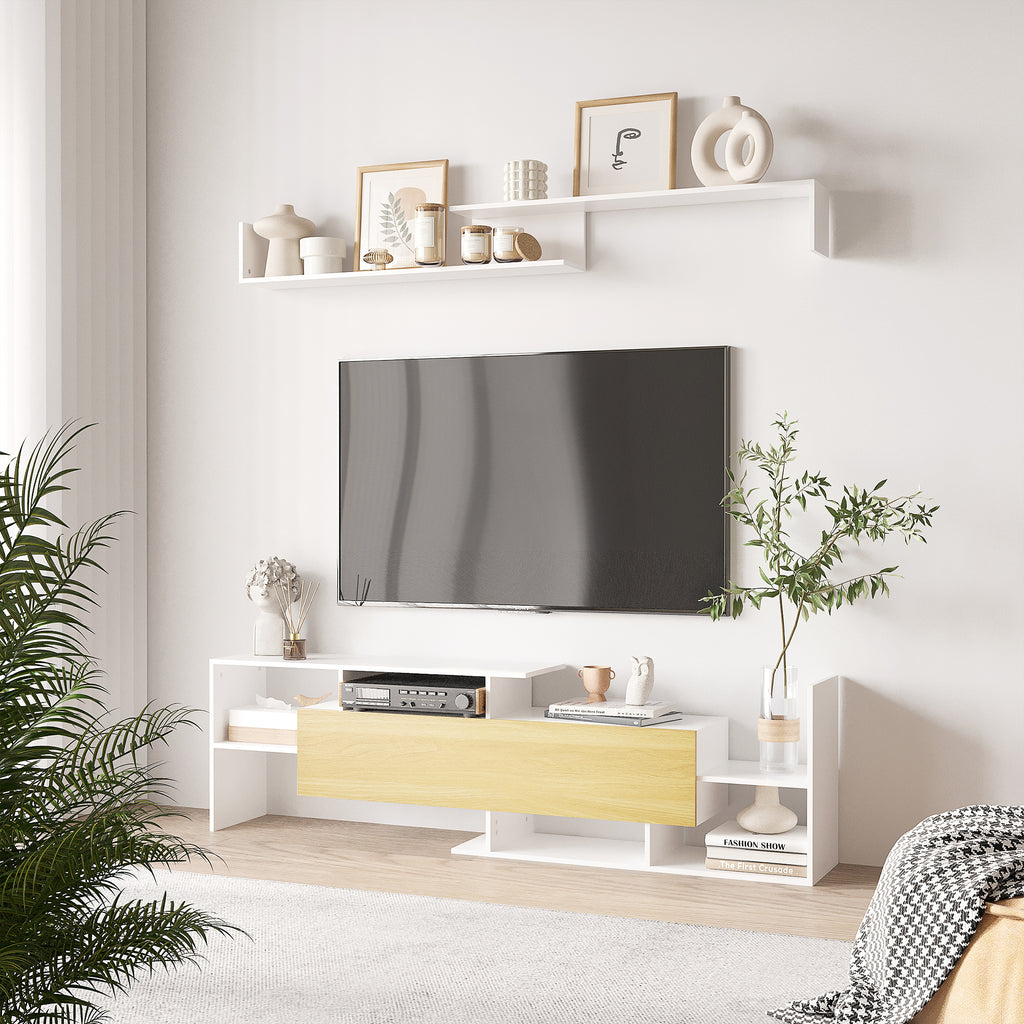 TV Cabinet with Wall Shelf, Open Shelves and Wooden Cabinet, White and Natural Wood