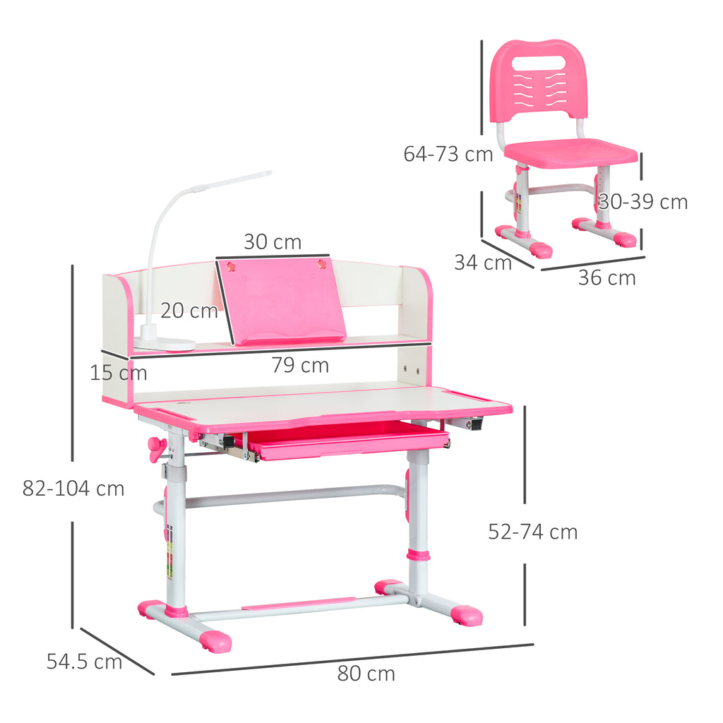 Children's Desk 6-12 Years Adjustable with LED Light, Bookstand and Pen Holder, in MDF, PP and Steel, Pink
