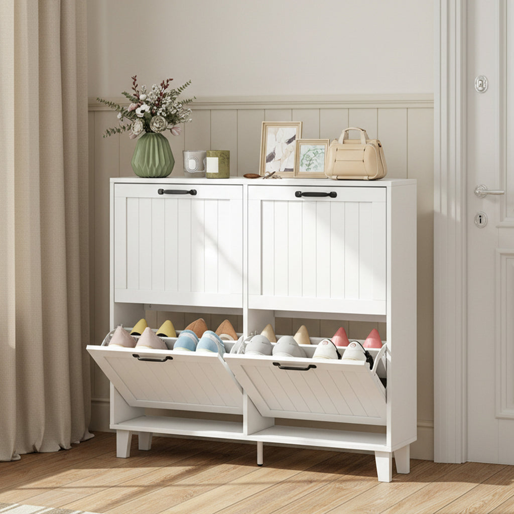 HOMCOM Shoe Cabinet, 4 Folding Drawers, Space-Saving with Adjustable Shelves, White