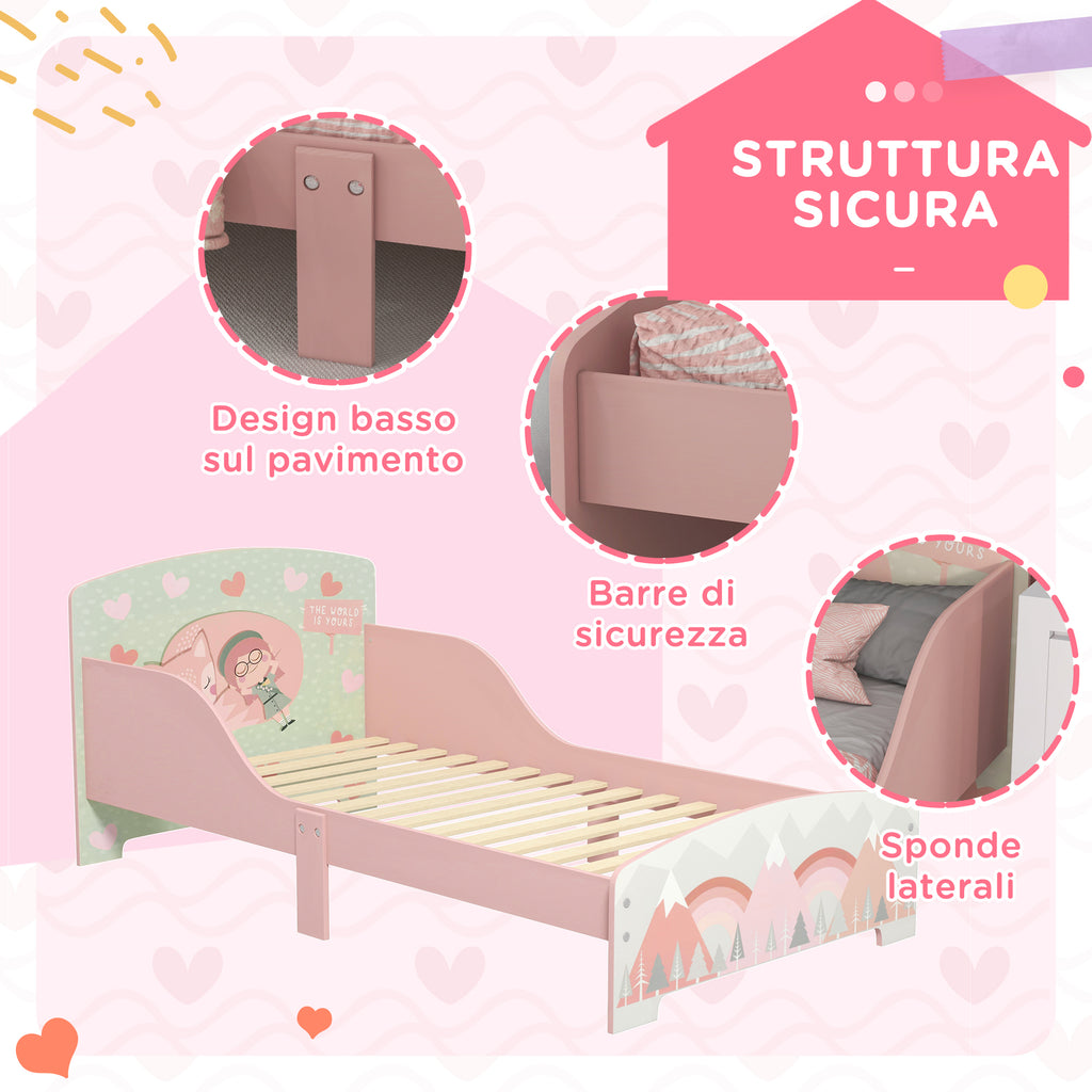 Children's Bed for 3-6 Years with Raised Edges, Slats and Animal Print, 140x70 cm, Pink