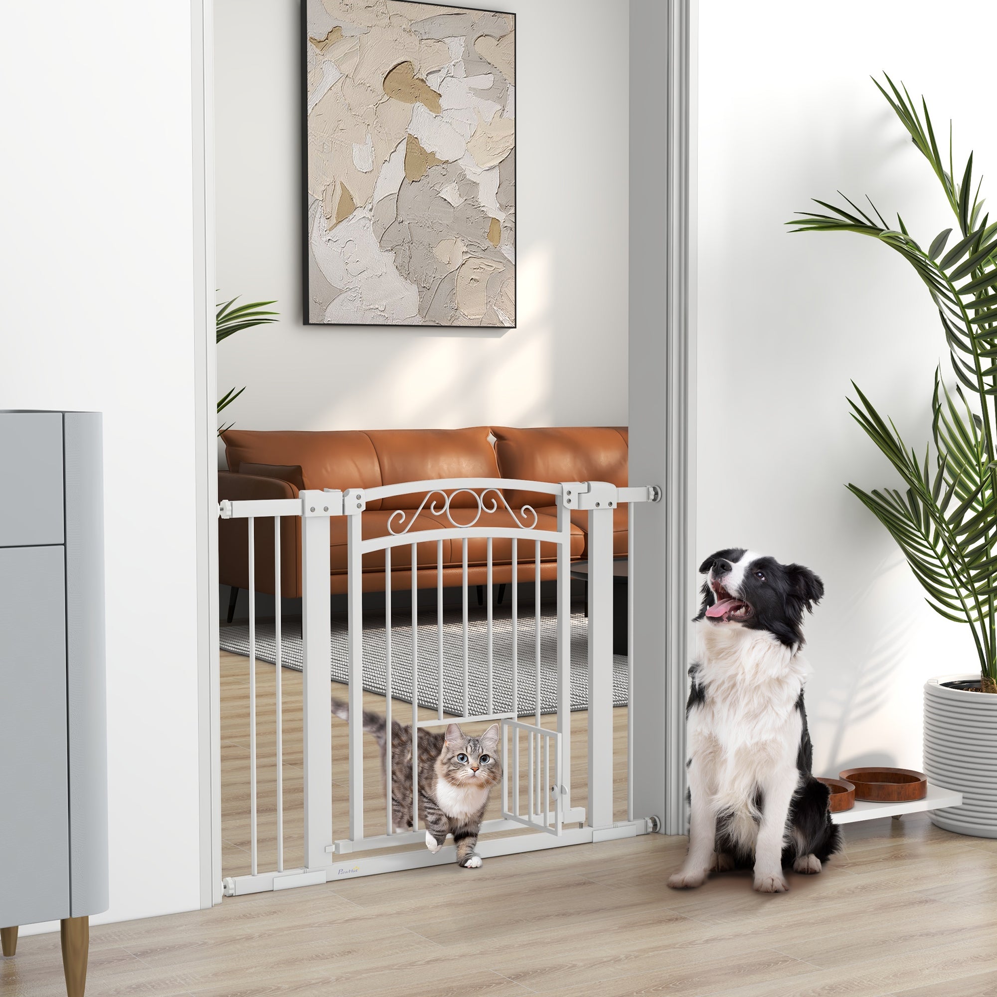 Adjustable Dog Gate with Extensions, Cat Door and One-Handed Opening, 76-104x77cm, White
