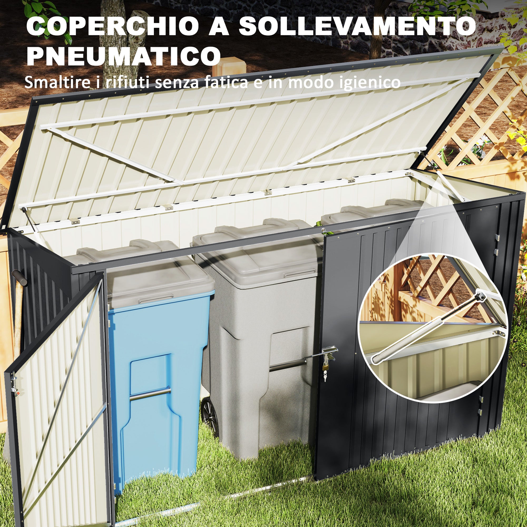 Steel Bin Covers for 3 240L Bins with 2 Doors and Lid, 233x105x118.5/133 cm, Dark Gray