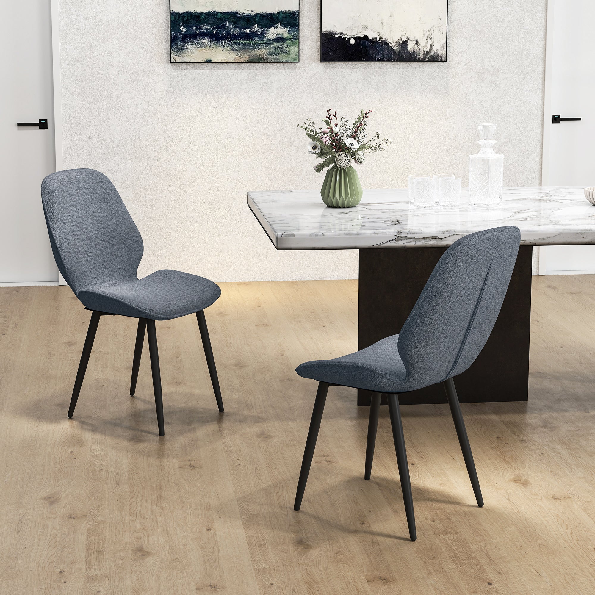 Set of 2 Dining Chairs with Curved Backrest, in Linen Effect Fabric, Foam and Steel, 46x56x86 cm, Grey and Black