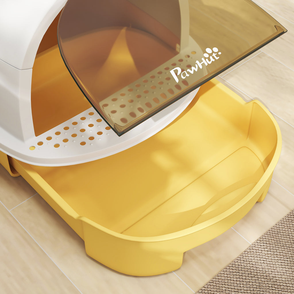 PawHut Enclosed Cat Litter Box with Removable Tray, Handle, Scoop and 2 Activated Carbon Filters, Yellow