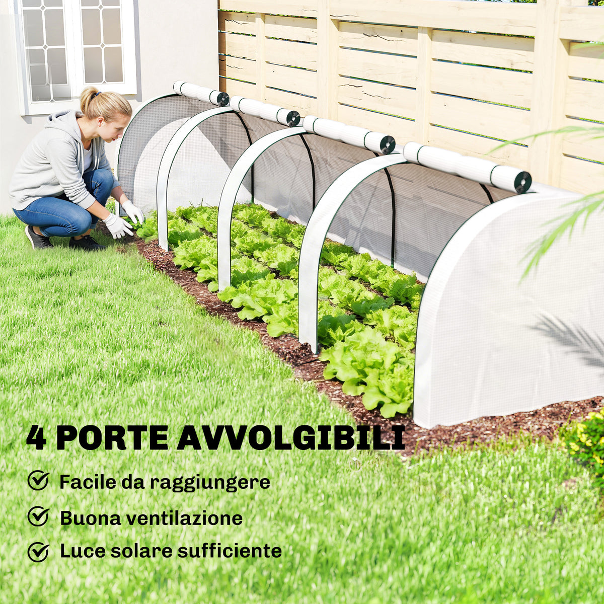Outsunny Waterproof Anti-UV Steel and Plastic Tunnel Greenhouse with 4 Doors, 395x100x80 cm, White