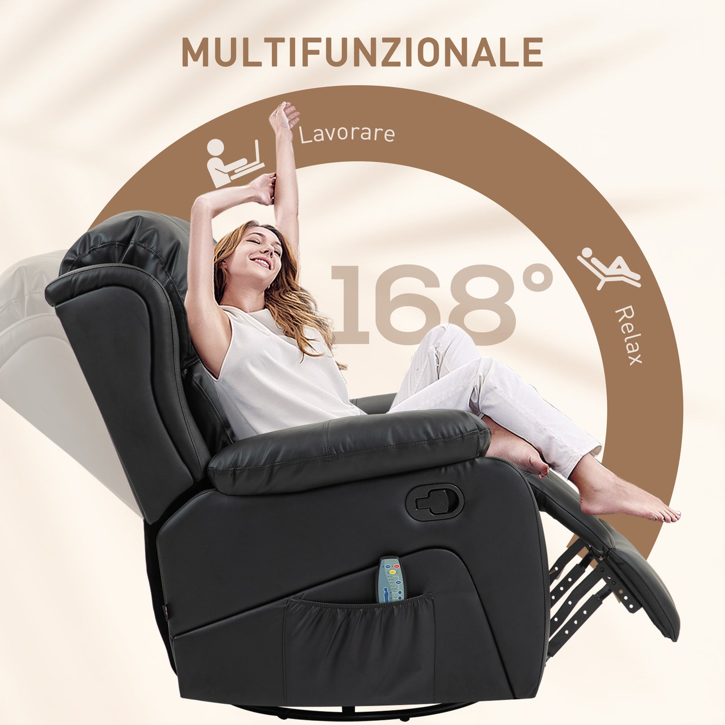 Reclining Relax Armchair with 8 Massage Points, in Faux Leather and Steel, 97x92x104 cm, Black - Borgè