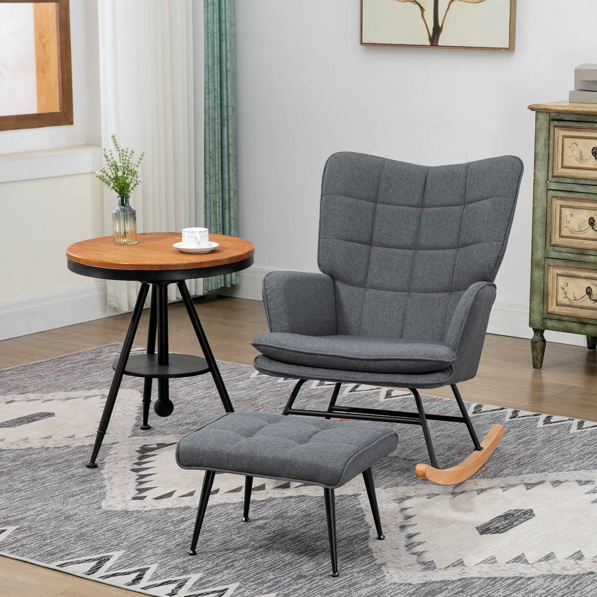 HOMCOM Rocking Chair with Ottoman in Linen and Wood Effect Fabric with Cushion, Armrests, 130 kg Capacity, Grey