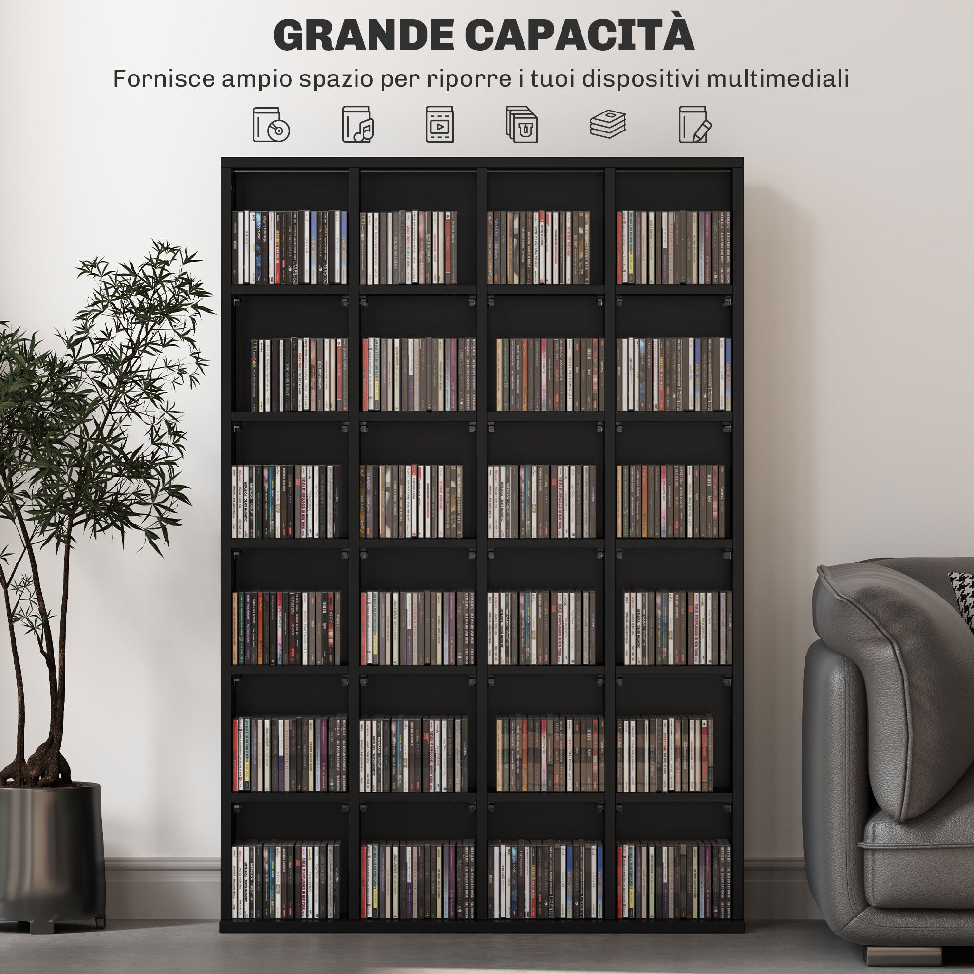 CD Cabinet with Adjustable Shelves for 456 CDs or 336 DVDs, 24 Compartments, 89x20x130.5 cm, Black