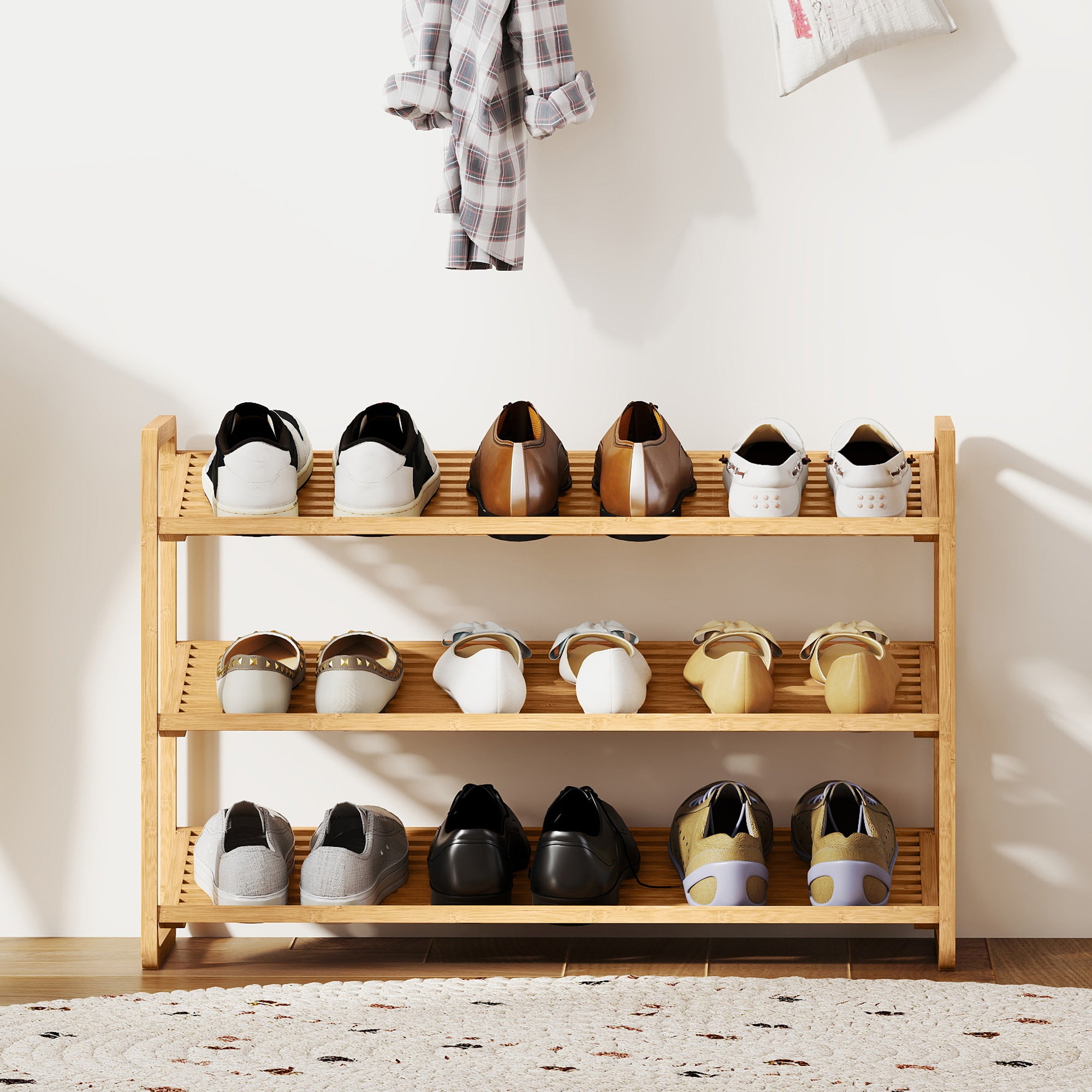 3-Tier Shoe Rack with Bamboo Slatted Shelves for 12 Shoes, 76 x 33 x 50.8 cm, Wood Color