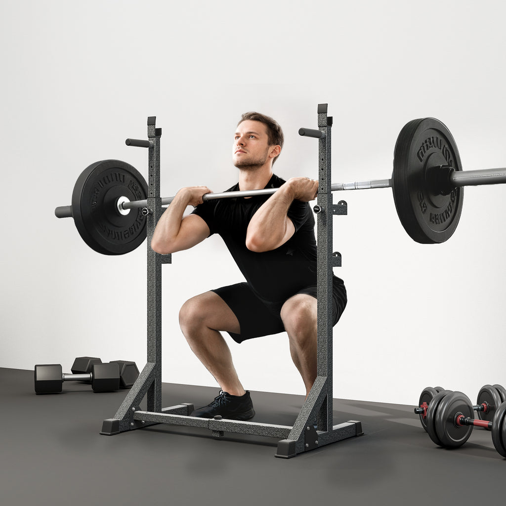 SPORTNOW Adjustable Height and Width Steel and EVA Barbell Stand, 60-87x65x121-158cm, Black