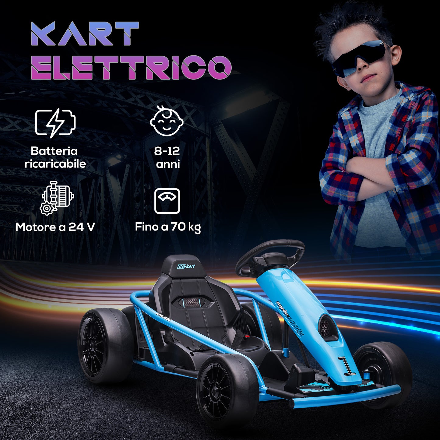 HOMCOM Electric Go-Kart for Children 8-12 Years with High Backrest and Safety Belt, 115x77x54 cm, Blue and Black