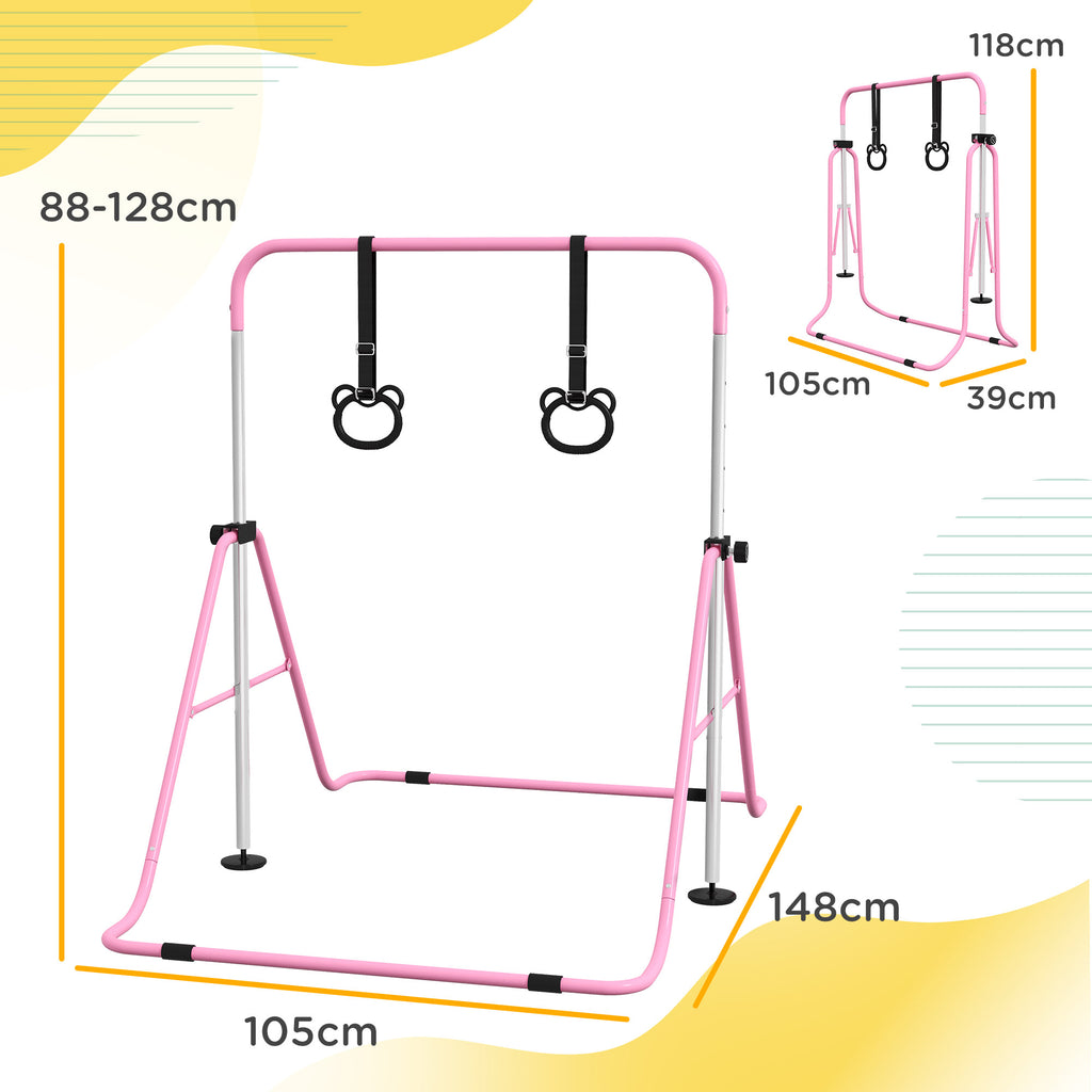 Height Adjustable Gymnastics Bar for Children with 2 Rings, Steel, 148x105x88-128 cm, Pink