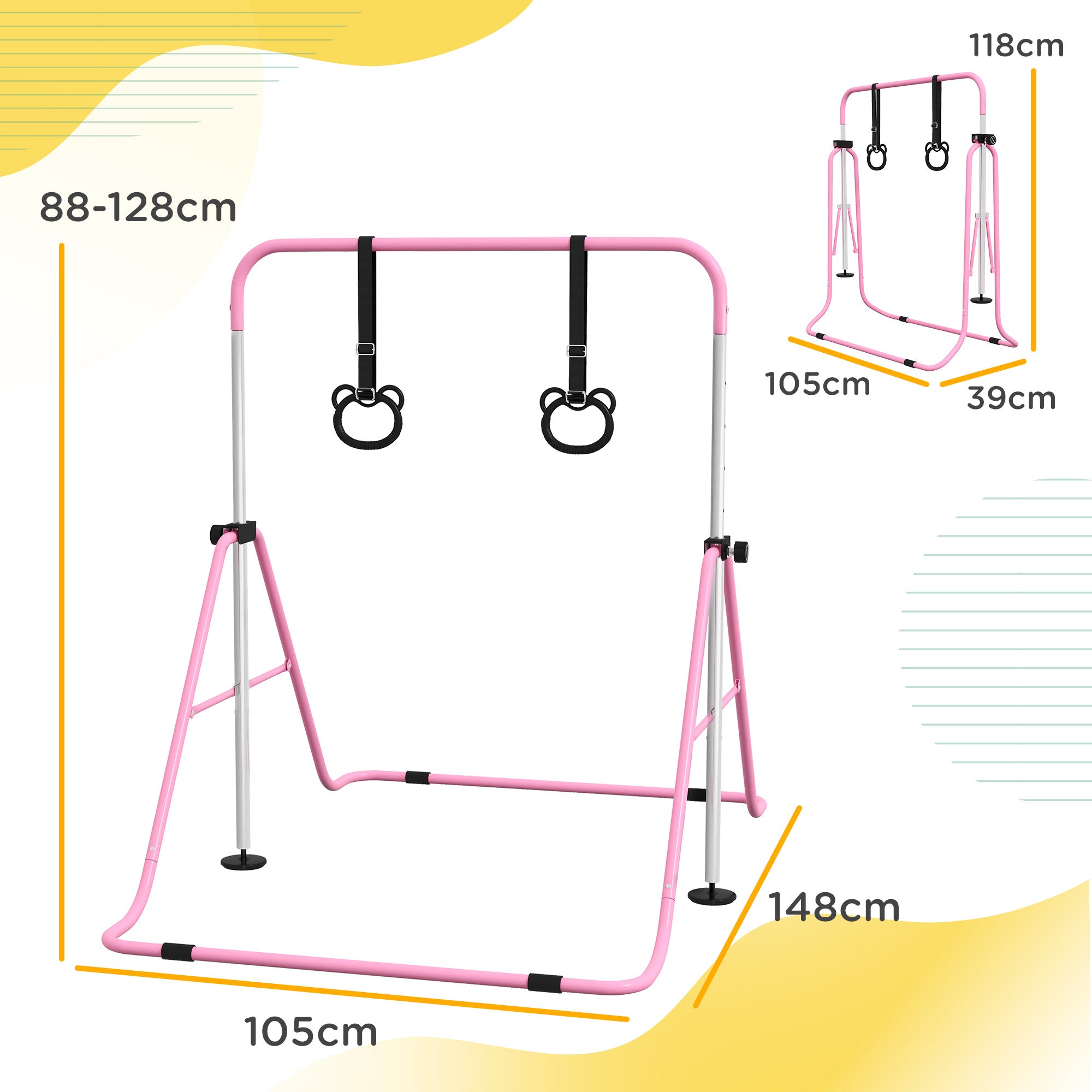 Height Adjustable Gymnastics Bar for Children with 2 Rings, Steel, 148x105x88-128 cm, Pink