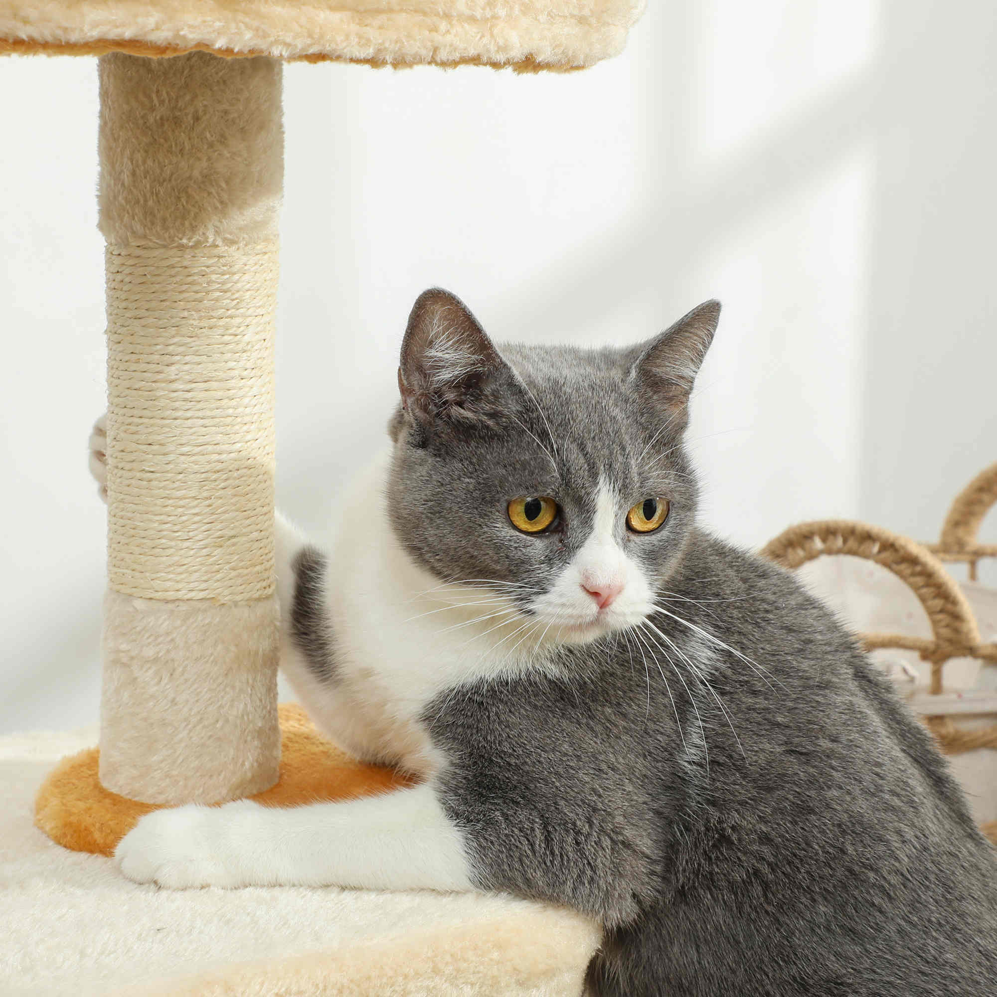 Cat Scratching Tree with Perch and House, Made of Wood, Plush and Sisal, 40x30x72 cm, Beige and Yellow