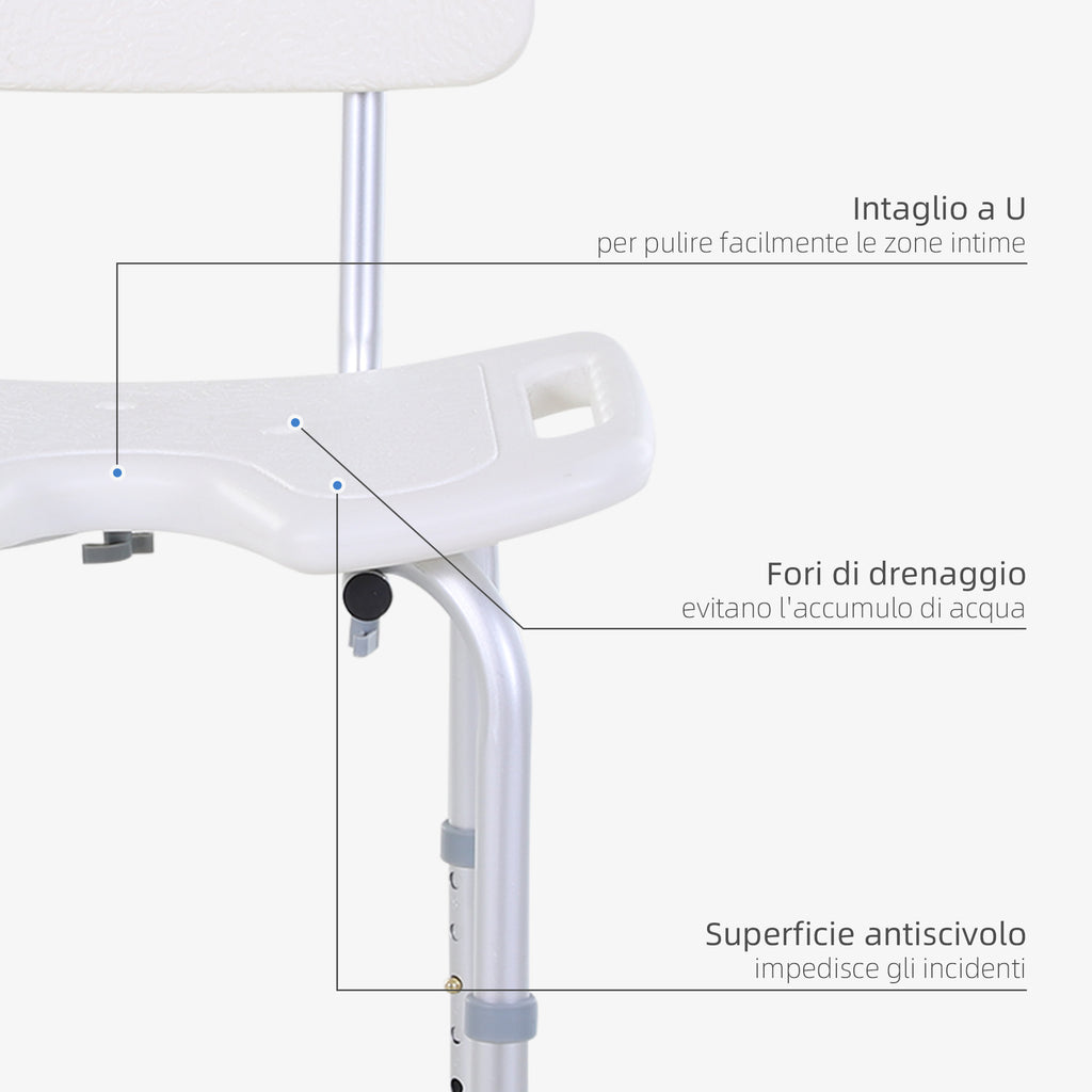 8-Level Adjustable Shower Chair with Drainage Holes, Aluminum and PE, 48x42x71-83.5 cm, White and Silver