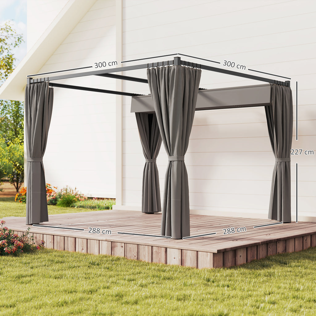 Outsunny Garden Pergola with Retractable Roof and Awnings, Metal and Polyester, 300x300x227 cm, Light Grey