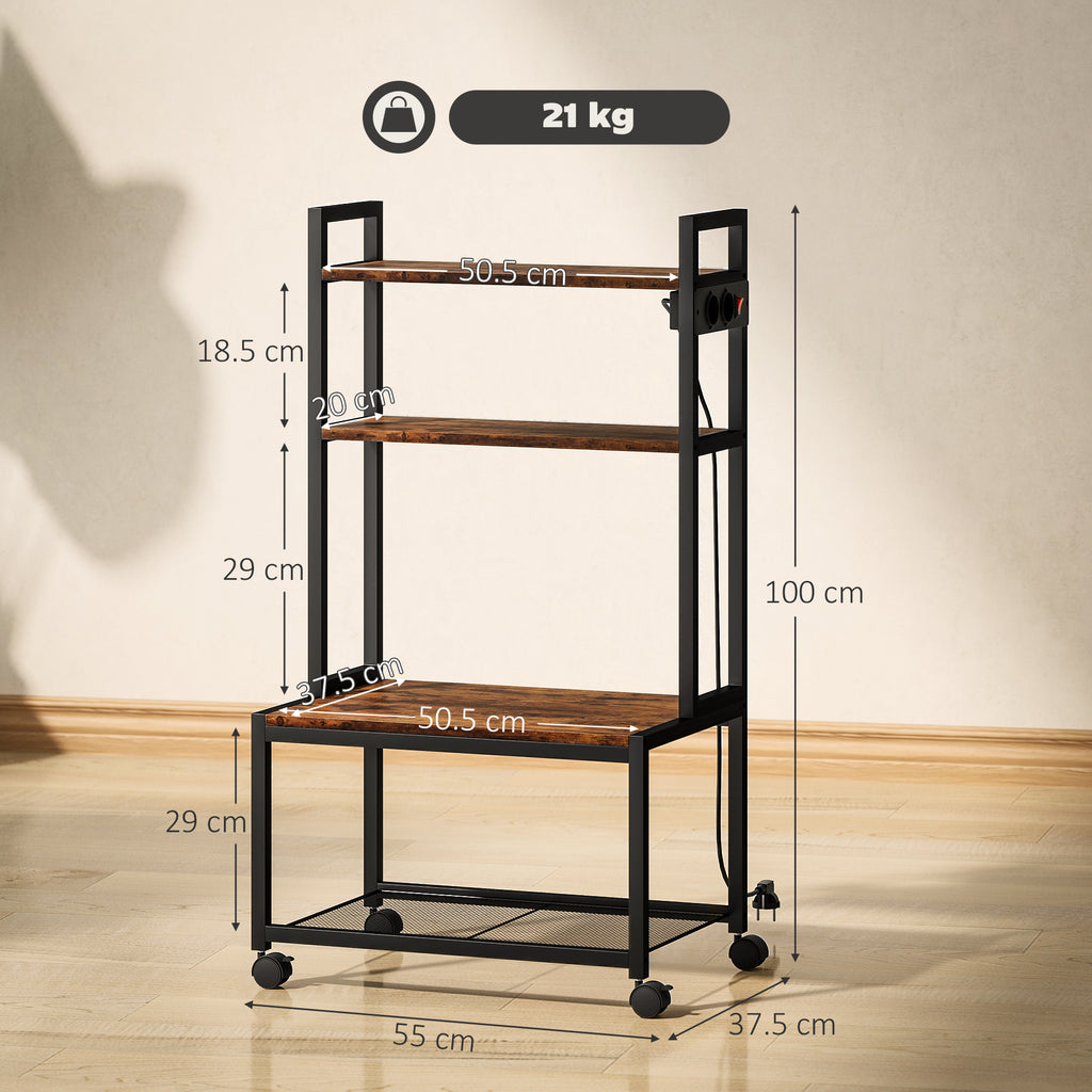 4-Tier Printer Cart with Power Outlets, Wheels and Metal Frame, 55x37.5x100 cm, Brown