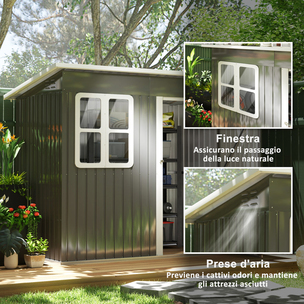 Steel Garden Shed with Locking Door, Window and Air Vents, 2.2 x 1.3 m, Gray