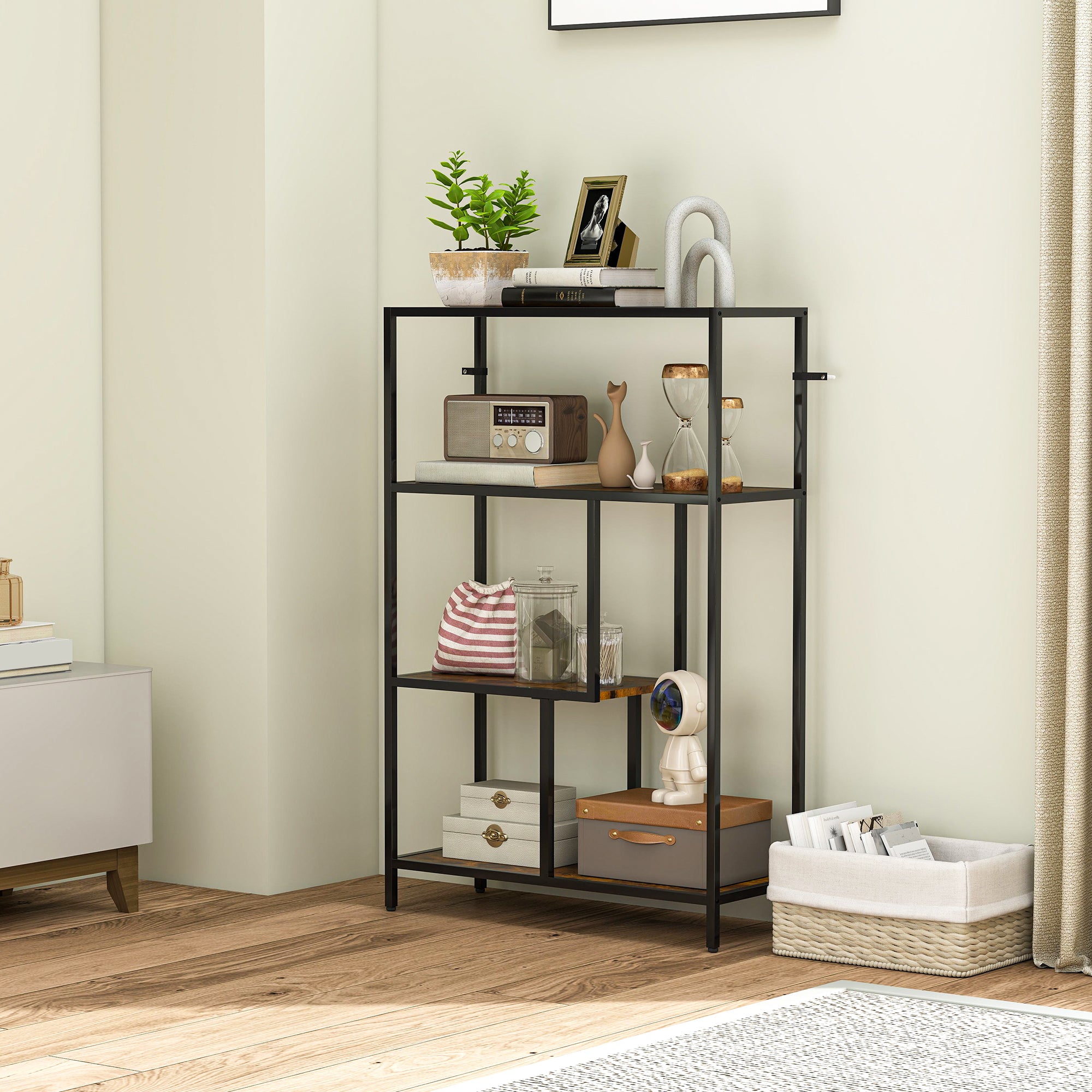Industrial Style 4-Tier Bookcase in Wood and Metal, 77x30x116 cm, Rustic Brown