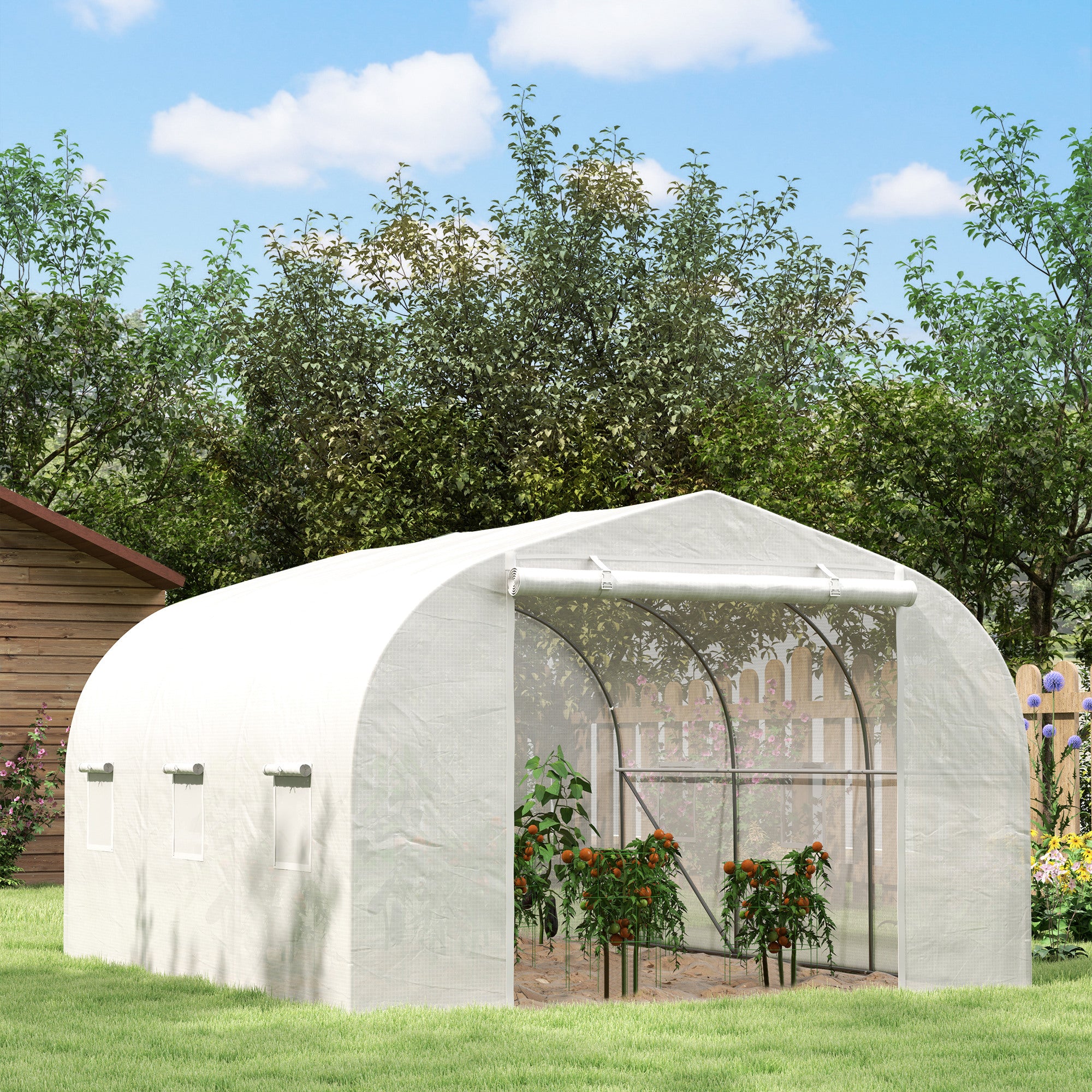 Garden Tunnel Greenhouse with 6 Windows and Roller Door, Steel and PE, 3.5x3x2 m, White