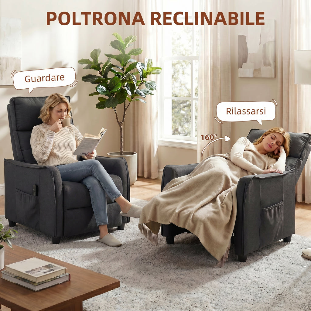 HOMCOM 160° Reclining Massage Chair with Footrest and Remote Control, 69x93x104 cm, Dark Grey Linen Effect