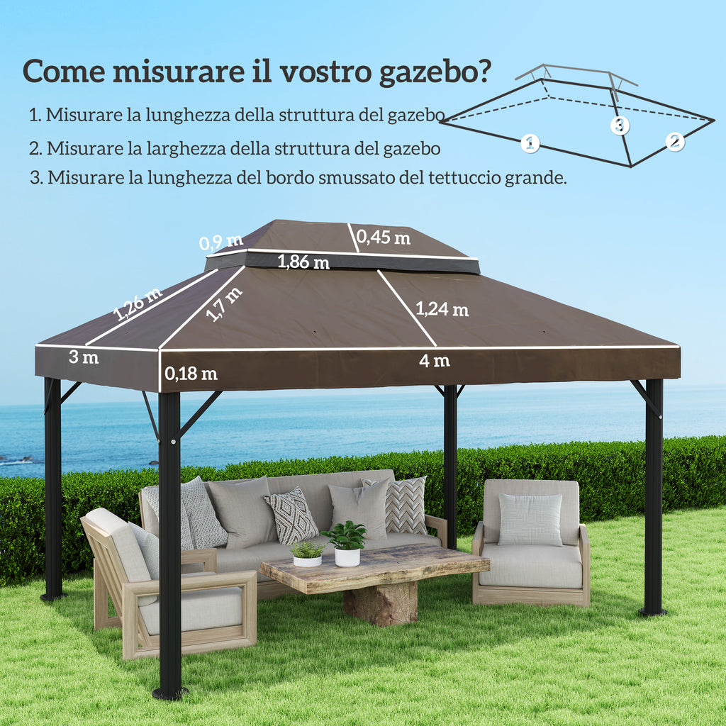 Outsunny 3x4m 2-Tier Garden Gazebo Cover in 600D Oxford Fabric with Drainage Holes, Coffee