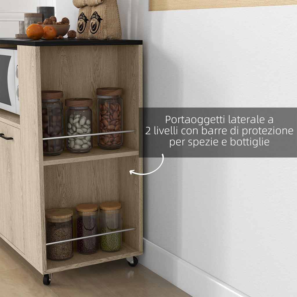 HOMCOM Chipboard Kitchen Trolley with Open Shelf, 2-Door Cabinet and Side Shelf, 75x40x80.5 cm - Borgè