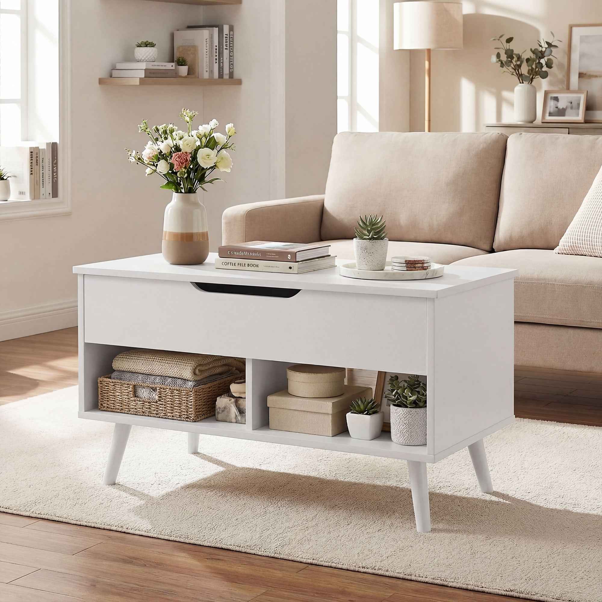 HOMCOM 75cm White Punched Coffee Table with Lift-Up Top and Hidden Storage