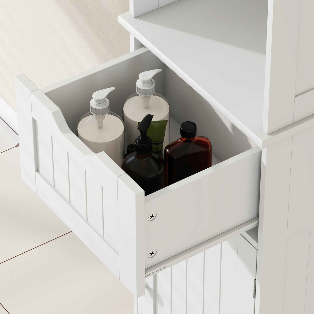 HOMCOM Wooden Bathroom Cabinet with 2 Sensor Cabinets, Open Shelf and Drawer, 40x30x170 cm, White