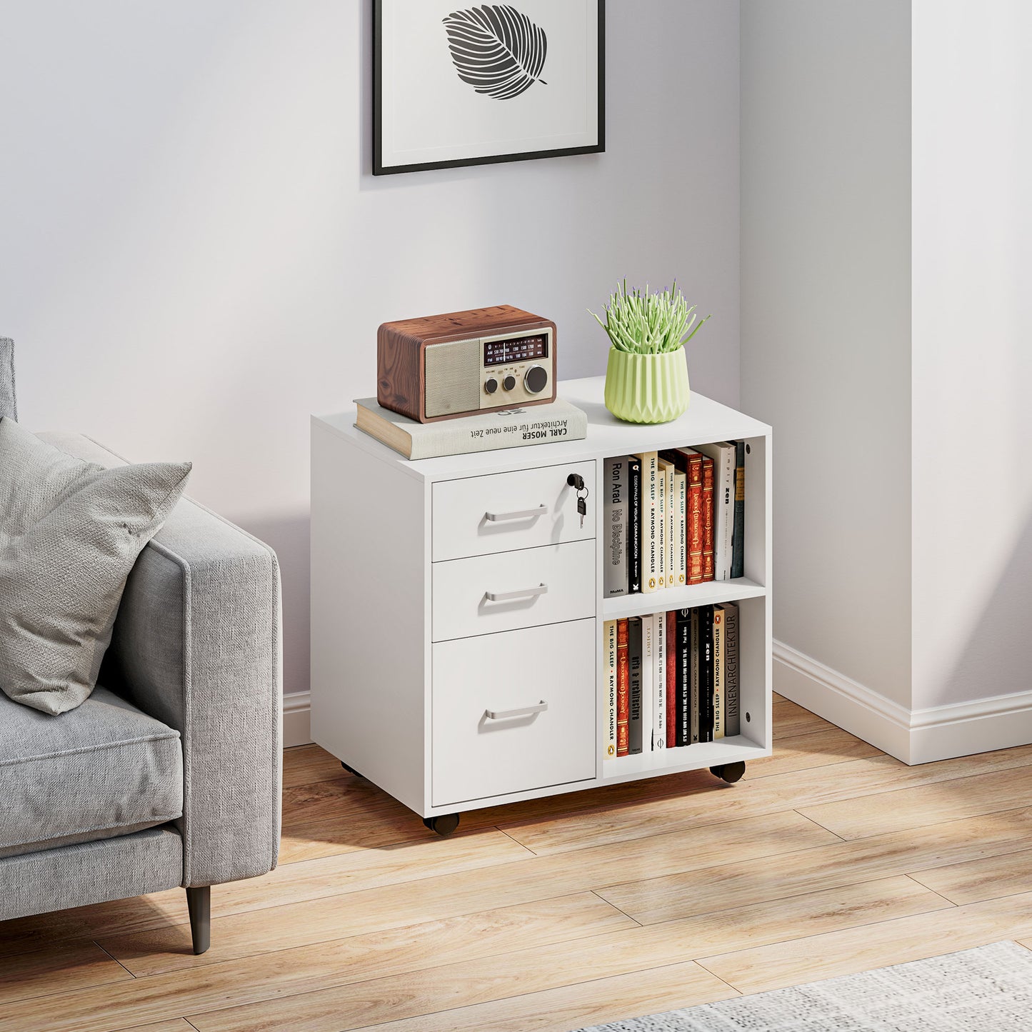 Office Document Chest with 3 Drawers, Wheels, Lock and Keys, 60x40x56 cm, White