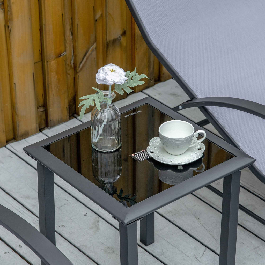 Outsunny Set of 2 Sun Loungers and Coffee Table with Glass Top, 59x169x66 cm, Light Grey