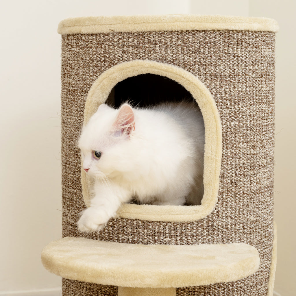 PawHut 2-Tier Cat Tower with 2 Hides, Platform, Sisal Surface, 60x60x 61 cm, Beige and Brown
